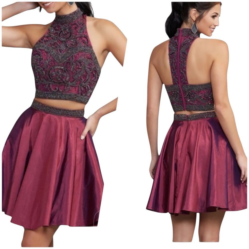 Sherri Hill 2- Piece High Neck Racerback Cocktail Dress Plum Size 10